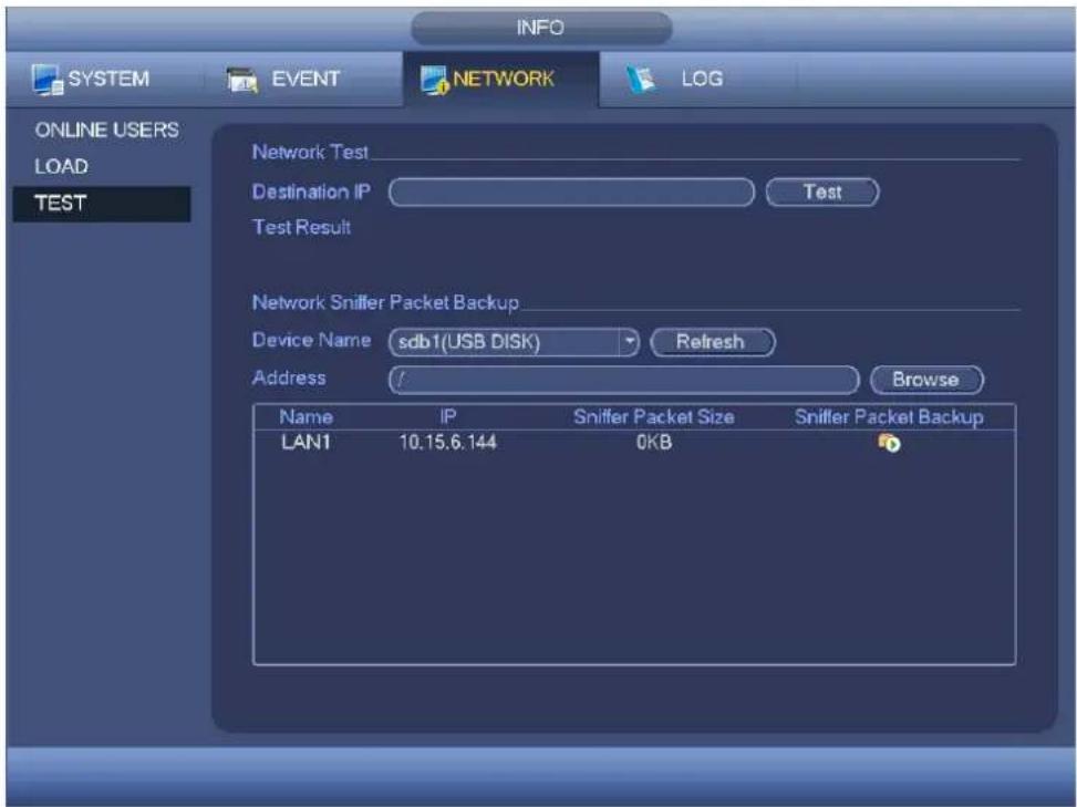 INFO SYSTEM EVENT NETWORK(LOG ONLINE USERS LOAD TEST Network Test Destination IP Test Test Result Network Sniffer Packet Backup Device Name:sdb1(USB DISK) Refresh Address Browse Name IP Sniffer Packet Size Sniffer Packet Backup LAN1 10.15.6.144 0KB