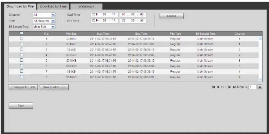 Download by File Download by Time Watermark Channel All Start Time 2014 - 02 - 14 00 : 00 : 00 Type All Records End Time 2014 - 02 - 17 23 : 59 : 59 Bit Stream Type Main Sub No. File Size Start Time End Time File Type Bit Stream Type Channel 1 2048KB 2014-02-17 08:34:59 2014-02-17 08:39:15 Regular Main Stream 1 2 8316KB 2014-02-17 08:40:03 2014-02-17 08:59:08 Regular Main Stream 1 3 384KB 2014-02-17 08:34:59 2014-02-17 08:39:15 Regular Main Stream 2 4 8585KB 2014-02-17 08:40:03 2014-02-17 08:59:08 Regular Main Stream 2 5 2048KB 2014-02-17 08:34:59 2014-02-17 08:39:15 Regular Main Stream 3 6 8023KB 2014-02-17 08:40:03 2014-02-17 08:59:08 Regular Main Stream 3 7 384KB 2014-02-17 08:34:59 2014-02-17 08:39:15 Regular Main Stream 4 8 8546KB 2014-02-17 08:40:03 2014-02-17 08:59:08 Regular Main Stream 4 Download to Local Download to USB Jump To 1 Back