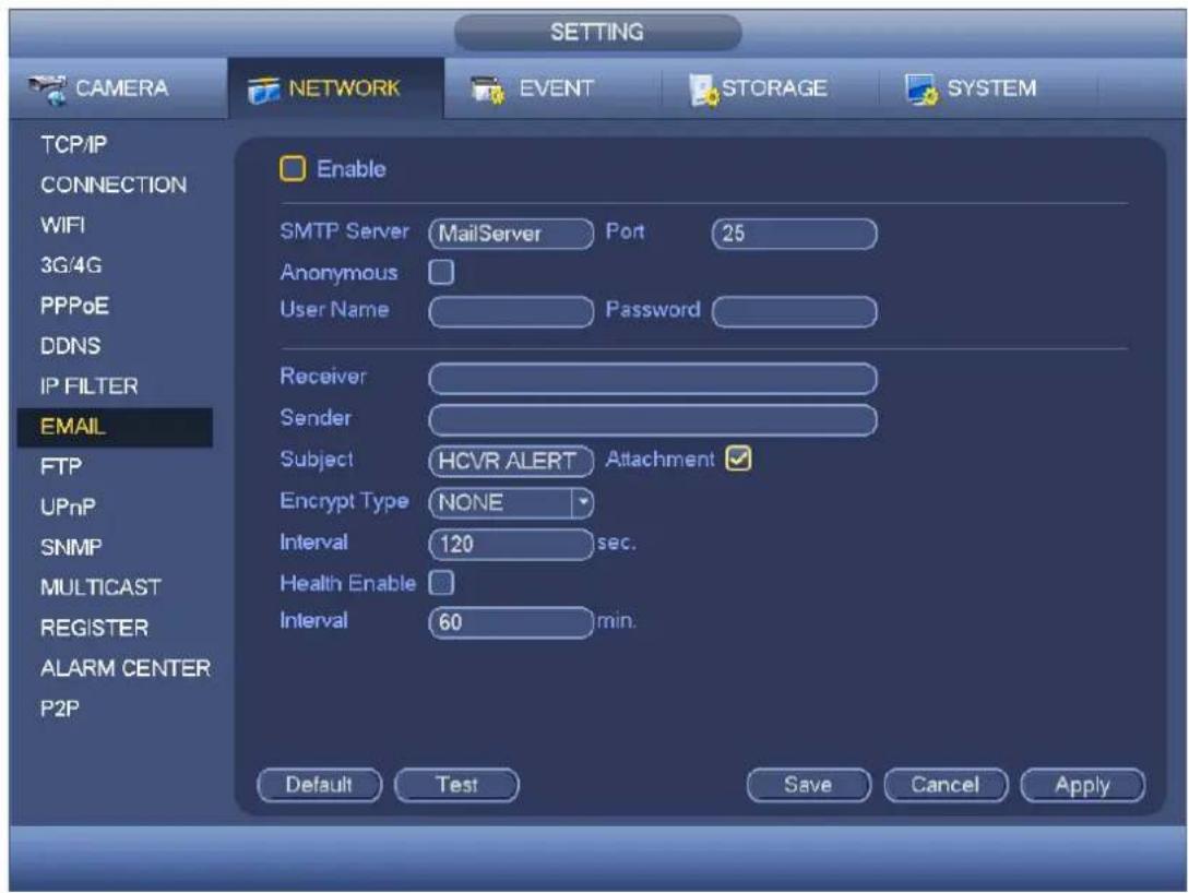 SETTING CAMERA NETWORK EVENT STORAGE SYSTEM TCP/IP CONNECTION WIFI 3G/4G PPPoE DDNS IP FILTER EMAIL FTP UPnP SNMP MULTICAST REGISTER ALARM CENTER P2P Enable SMTP Server MailServer Port 25 Anonymous User Name Password Receiver Sender Subject HCVR ALERT Attachment ✓ Encrypt Type NONE Interval 120 sec. Health Enable Interval 60 min. Default Test Save Cancel Apply