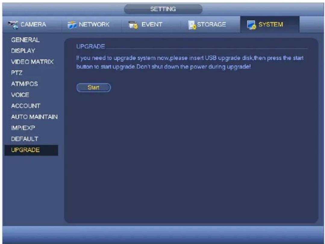 SETTING CAMERA NETWORK EVENT STORAGE SYSTEM GENERAL DISPLAY VIDEO MATRIX PTZ ATM/POS VOICE ACCOUNT AUTO MAINTAIN IMP/EXP DEFAULT UPGRADE UPGRADE If you need to upgrade system now,please insert USB upgrade disk,then press the start button to start upgrade.Don't shut down the power during upgrade! Start