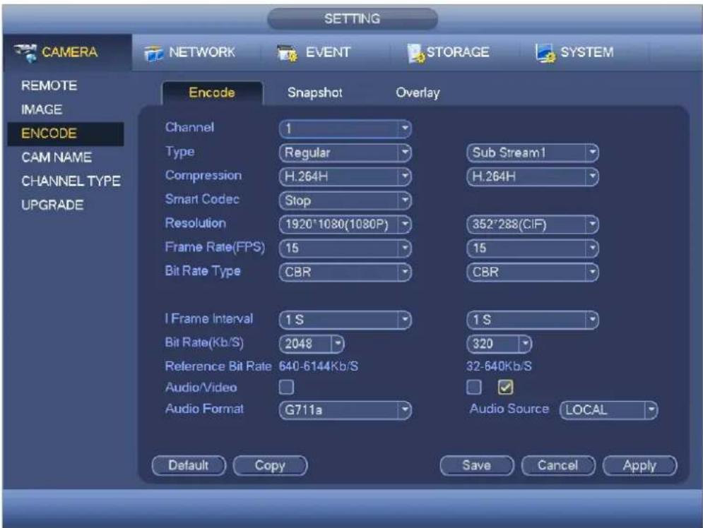 SETTING CAMERA NETWORK EVENT STORAGE SYSTEM REMOTE IMAGE ENCODE CAM NAME CHANNEL TYPE UPGRADE Encode Snapshot Overlay Channel 1 Type Regular Sub Stream1 Compression H.264H H.264H Smart Codec Stop Resolution 1920°1030(1080P) 352°288(CIF) Frame Rate(FPS) 15 15 Bit Rate Type CBR CBR I Frame Interval 1 S 1 S Bit Rate(Kb/S) 2048 320 Reference Bit Rate 640-6144Kb/S 32-640Kb/S Audio/Video Audio Format G711a Audio Source LOCAL Default Copy Save Cancel Apply