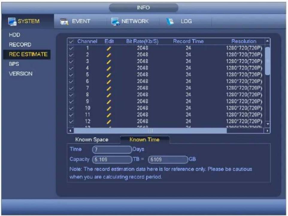 INFO SYSTEM EVENT NETWORK LOG HDD RECORD REC ESTIMATE BPS VERSION ✓ Channel Edit Bit Rate(Kb/S) Record Time Resolution ✓ 1 ✓ 2048 24 1280*720(720P) ✓ 2 ✓ 2048 24 1280*720(720P) ✓ 3 ✓ 2048 24 1280*720(720P) ✓ 4 ✓ 2048 24 1280*720(720P) ✓ 5 ✓ 2048 24 1280*720(720P) ✓ 6 ✓ 2048 24 1280*720(720P) ✓ 7 ✓ 2048 24 1280*720(720P) ✓ 8 ✓ 2048 24 1280*720(720P) ✓ 9 ✓ 2048 24 1280*720(720P) ✓ 10 ✓ 2048 24 1280*720(720P) ✓ 11 ✓ 2048 24 1280*720(720P) ✓ 12 ✓ 2048 24 1280*720(720P) 13 ✓ 1.1.1.1.1.1.1.1.1.1.1.1.1.1.1.1.1.1.1.1.1.1.1.1.1.1.1.1.1.1.1.1.1.1.1.1.1.1.1.1.1.1.1.1.1.1.1. Known Space Known Time Time 7 Days Capacity 5.109 TB = 5109 GB Note: The record estimation data here is for reference only. Please be cautious when you are calculating record period.