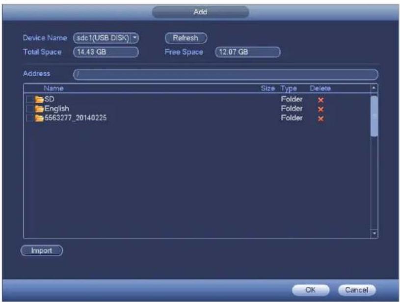 Add Device Name sdc1(USB DISK) Refresh Total Space 14.43 GB Free Space 12.07 GB Address / Name Size Type Delete SD Folder × English Folder × 5563277_20140225 Folder × Import OK Cancel