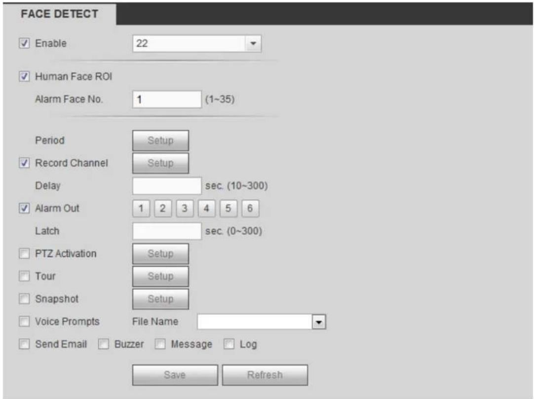 FACE DETECT Enable 22 Human Face ROI Alarm Face No. 1 (1~35) Period Setup Record Channel Setup Delay sec. (10~300) Alarm Out 1 2 3 4 5 6 Latch sec. (0~300) PTZ Activation Setup Tour Setup Snapshot Setup Voice Prompts File Name Send Email Buzzer Message Log Save Refresh