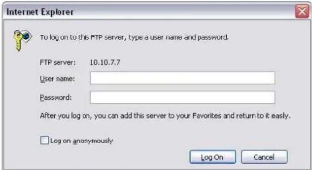 Internet Explorer To log on to this FTP server, type a user name and password. FTP server: 10.10.7.7 User name: Password: After you log on, you can add this server to your Favorites and return to it easily. Log on anonymously Log On Cancel