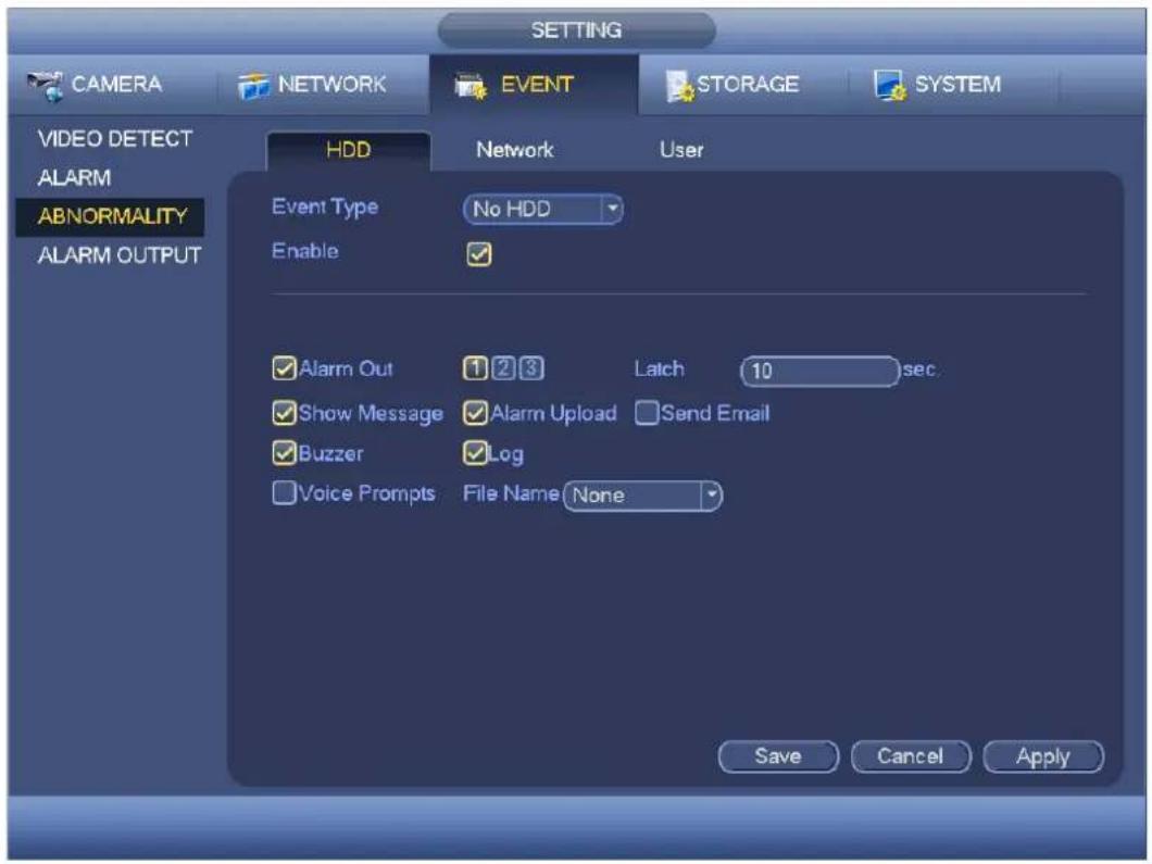 SETTING CAMERA NETWORK EVENT STORAGE SYSTEM VIDEO DETECT ALARM ABNORMALITY ALARM OUTPUT HDD Network User Event Type No HDD Enable ✓ Alarm Out 1 2 3 Latch 10 sec ✓ Show Message ✓ Alarm Upload ✓ Send Email ✓ Buzzer ✓ Log ✓ Voice Prompts File Name None Save Cancel Apply