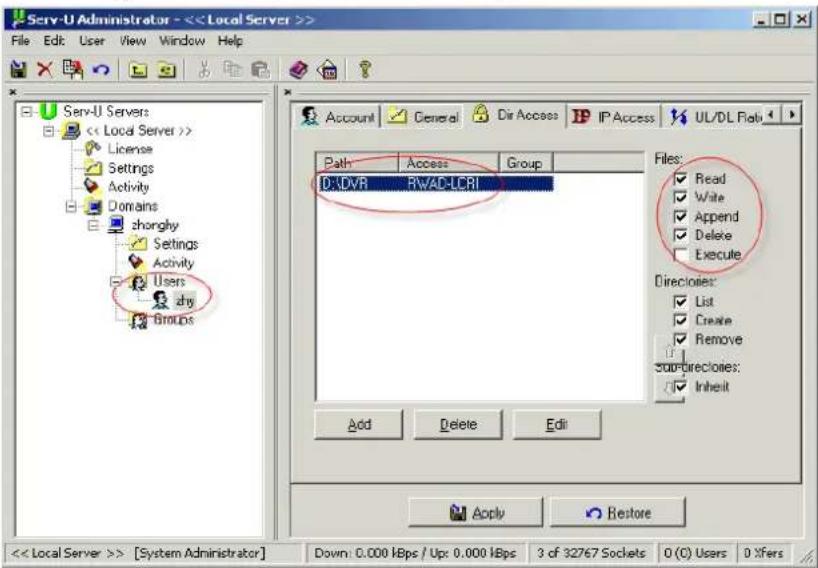 Serv-U Administrator - <> File Edit User View Window Help Serv-U Servers << Local Server >> License Settings Activity Domains zhonghy Settings Activity Users dhy Groups Account General Dir Access IP Access UL/DL Rate Path Access Group D:\DVR RWAC-LCRI Files: Read Write Append Delete Execute Directories: List Create Remove sum directories: Inheit Add Delete Edit Apply Restore << Local Server >> [System Administrator] Down: 0.000 KBps / Up: 0.000 KBps 3 of 32767 Sockets 0 (O) Users 0 Xfers