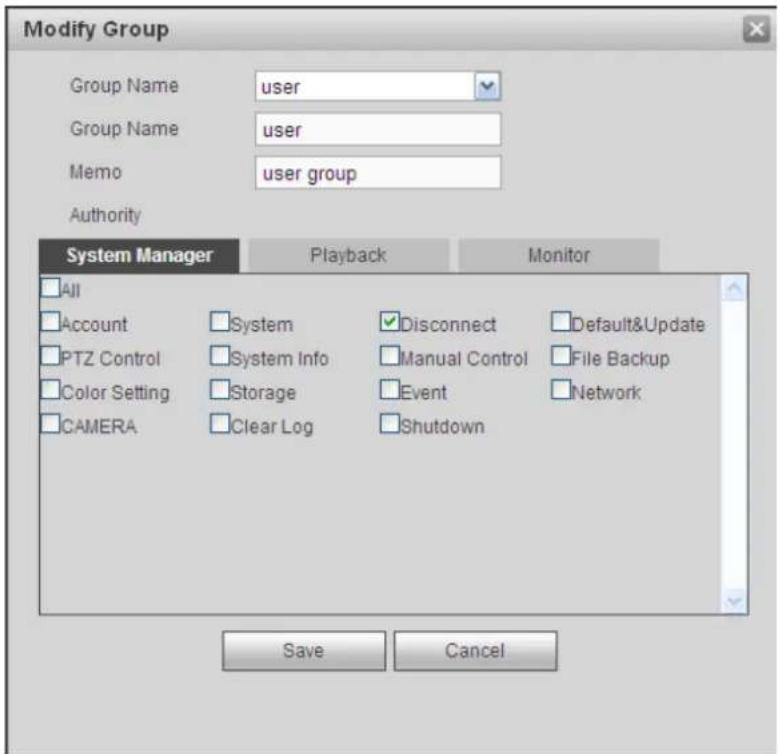 Modify Group Group Name user Group Name user Memo user group Authority System Manager Playback Monitor All Account System Disconnect Default&Update PTZ Control System Info Manual Control File Backup Color Setting Storage Event Network CAMERA Clear Log Shutdown Save Cancel