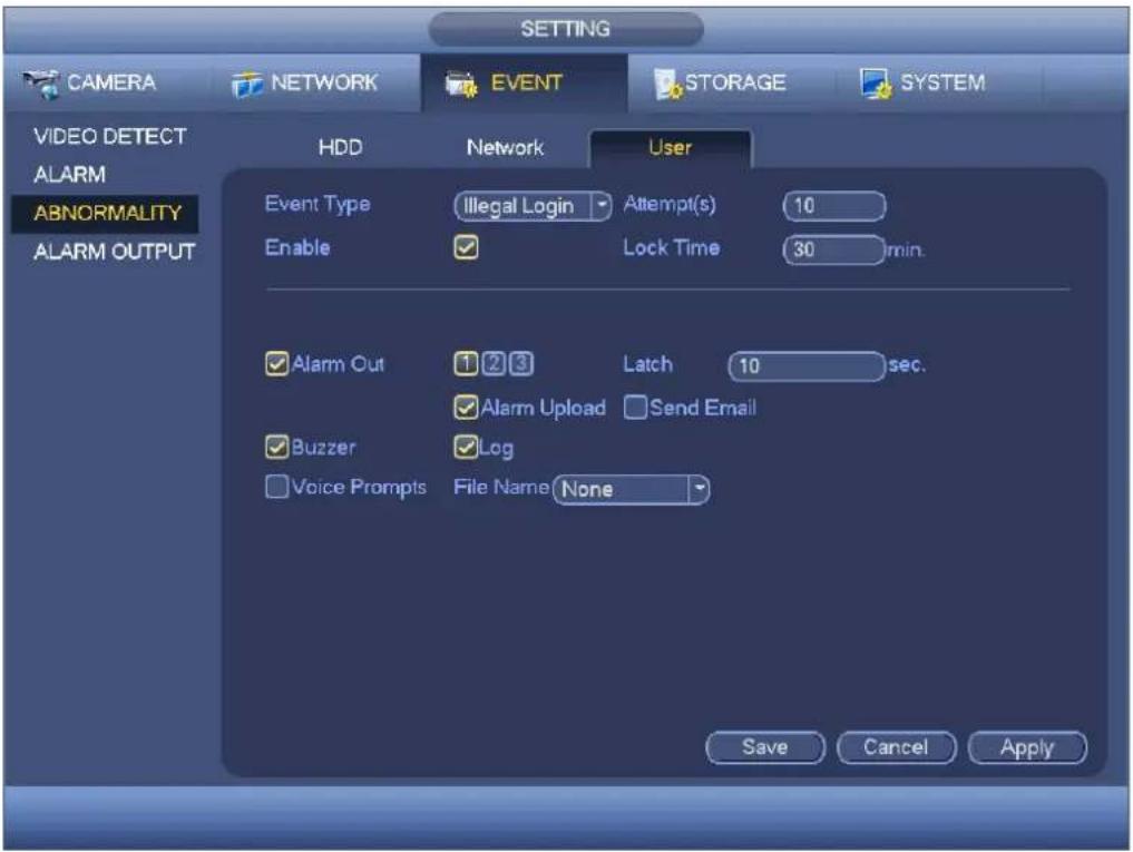 SETTING CAMERA NETWORK EVENT STORAGE SYSTEM VIDEO DETECT ALARM ABNORMALITY ALARM OUTPUT HDD Network User Event Type Illegal Login Attempt(s) 10 Enable Lock Time 30 min. Alarm Out 1 2 3 Latch 10 sec. Alarm Upload Send Email Buzzer Log Voice Prompts File Name None Save Cancel Apply