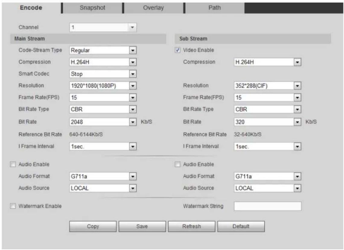 Encode Snapshot Overlay Path Channel 1 Main Stream Code-Stream Type Regular Compression H.264H Smart Codec Stop Resolution 1920*1080(1080P) Frame Rate(FPS) 15 Bit Rate Type CBR Bit Rate 2048 Kb/S Reference Bit Rate 640-6144Kb/S I Frame Interval 1sec. Sub Stream Video Enable Compression H.264H Resolution 352*288(CIF) Frame Rate(FPS) 15 Bit Rate Type CBR Bit Rate 320 Kb/S Reference Bit Rate 32-640Kb/S I Frame Interval 1sec. Audio Enable Audio Format G711a Audio Source LOCAL Audio Enable Audio Format G711a Audio Source LOCAL Watermark Enable Watermark String Copy Save Refresh Default