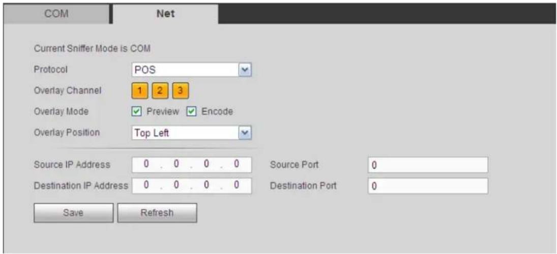 COM Net Current Sniffer Mode is COM Protocol POS Overlay Channel 1 2 3 Overlay Mode Preview Encode Overlay Position Top Left Source IP Address 0.0.0.0 Source Port 0 Destination IP Address 0.0.0.0 Destination Port 0 Save Refresh
