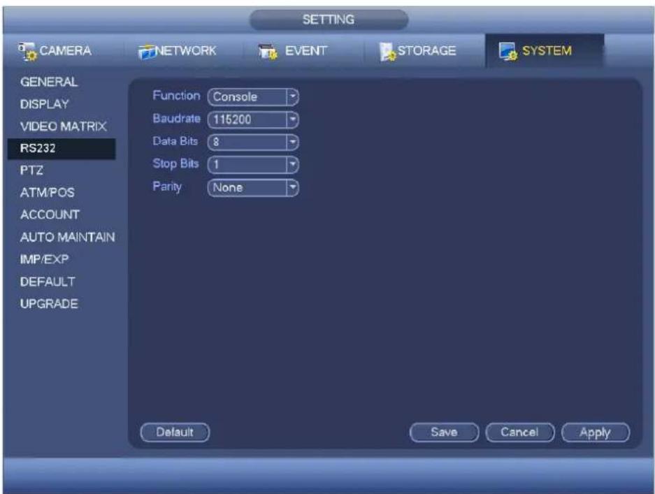 SETTING CAMERA NETWORK EVENT STORAGE SYSTEM GENERAL DISPLAY VIDEO MATRIX RS232 PTZ ATM/POS ACCOUNT AUTO MAINTAIN IMP/EXP DEFAULT UPGRADE Function Console Baudrate 115200 Data Bits 8 Stop Bits 1 Parity None Default Save Cancel Apply