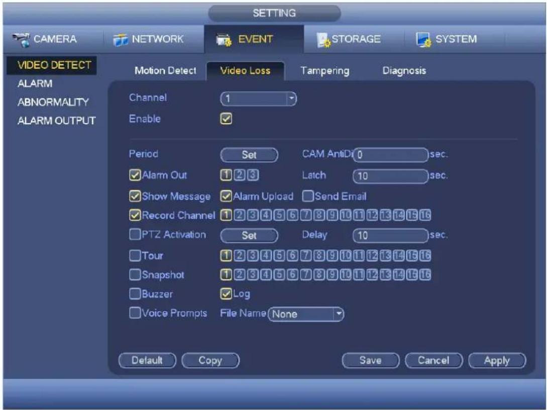 CAMERA NETWORK EVENT STORAGE SYSTEM VIDEO DETECT Motion Detect Video Loss Tampering Diagnosis ALARM ABNORMALITY ALARM OUTPUT Channel 1 Enable Period Set CAM AntiDi 0 sec. ✓ Alarm Out 1 2 3 Latch 10 sec. ✓ Show Message ✓ Alarm Upload Send Email ✓ Record Channel 1 2 3 4 5 6 7 8 9 10 11 12 13 14 15 16 □ PTZ Activation Set Delay 10 sec. □ Tour 1 2 3 4 5 6 7 8 9 10 11 12 13 14 15 16 □ Snapshot 1 2 3 4 5 6 7 8 9 10 11 12 13 14 15 16 □ Buzzer ✓ Log □ Voice Prompts File Name None Default Copy Save Cancel Apply