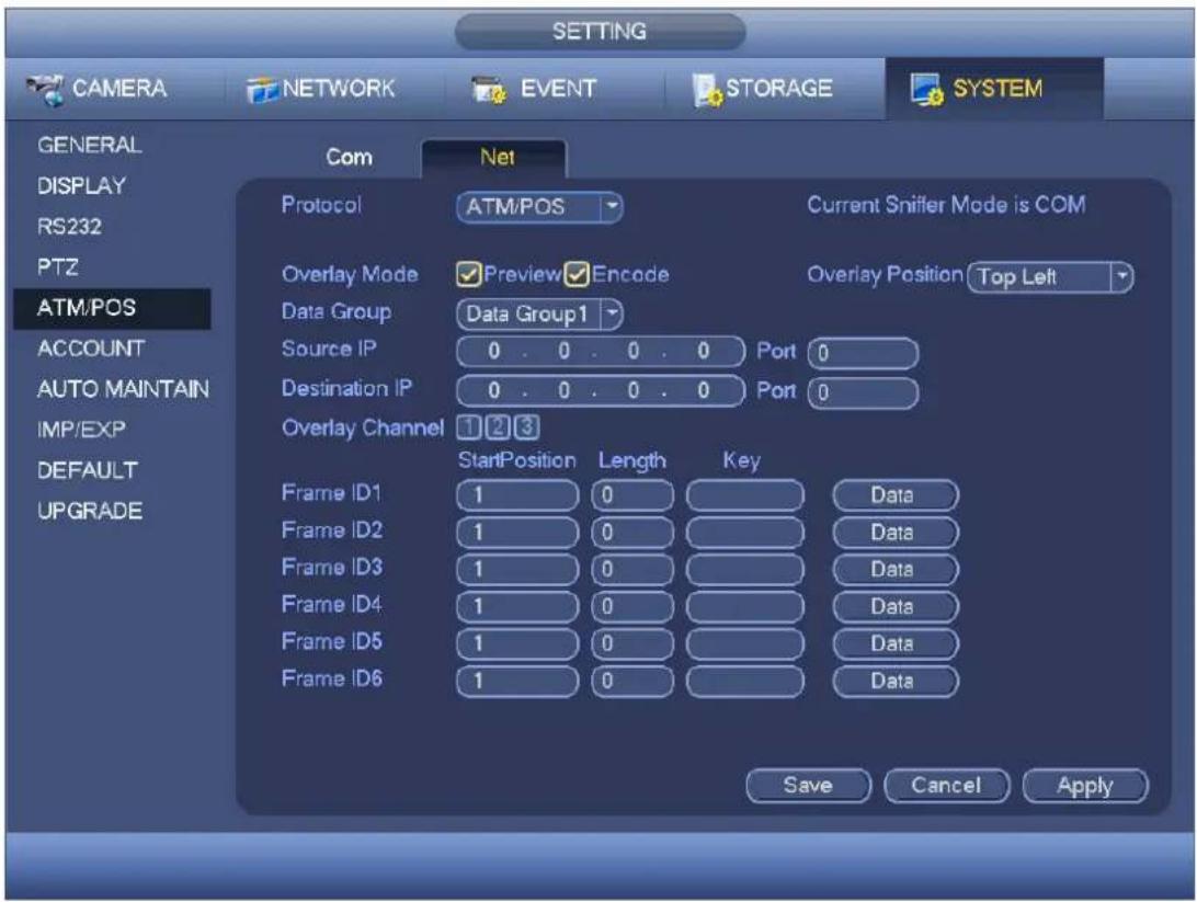SETTING CAMERA NETWORK EVENT STORAGE SYSTEM GENERAL DISPLAY RS232 PTZ ATM/POS ACCOUNT AUTO MAINTAIN IMP/EXP DEFAULT UPGRADE Com Net Protocol ATM/POS Current Snifter Mode is COM Overlay Mode Preview Encode Data Group Data Group1 Source IP 0 . 0 . 0 . 0 Port 0 Destination IP 0 . 0 . 0 . 0 Port 0 Overlay Channel 1 2 3 StartPosition Length Key Frame ID1 1 0 Data Frame ID2 1 0 Data Frame ID3 1 0 Data Frame ID4 1 0 Data Frame ID5 1 0 Data Frame ID6 1 0 Data Save Cancel Apply