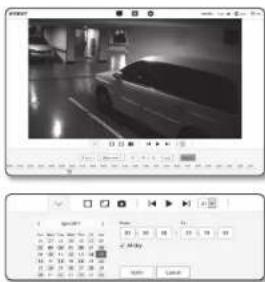 Screenshot of a video editing software interface showing a black-and-white photo of a car at night with playback controls and a timeline editor displaying '2 May' date.