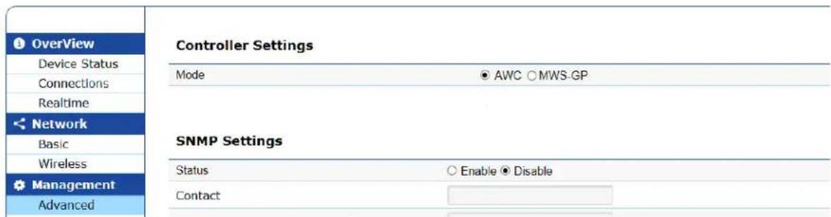 OverView Device Status Connections Realtime Network Basic Wireless Management Advanced Controller Settings Mode AWC ○ MWS-GP SNMP Settings Status Enable ● Disable Contact