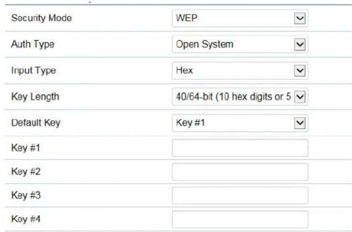 Security Mode WEP Auth Type Open System Input Type Hex Key Length 40/64-bit (10 hex digits or 5 Default Key Key #1 Key #1 Key #2 Key #3 Key #4