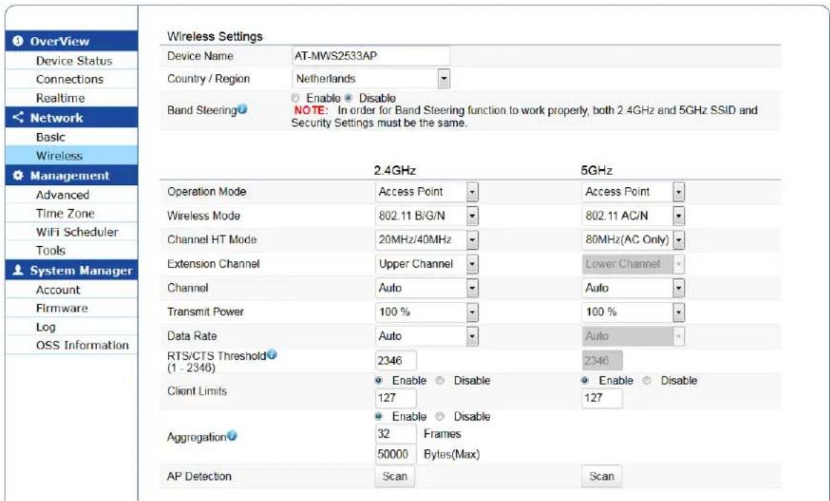 OverView Device Status Connections Realtime Network Basic Wireless Management Advanced Time Zone WiFi Scheduler Tools System Manager Account Firmware Log OSS Information Wireless Settings Device Name AT-MWS2533AP Country / Region Netherlands Band Steering Enable Disable NOTE: In order for Band Steering function to work properly, both 2.4GHz and 5GHz SSID and Security Settings must be the same. 2.4GHz 5GHz Operation Mode Access Point Access Point Wireless Mode 802.11 B/G/N 802.11 AC/N Channel HT Mode 20MHz/40MHz 80MHz(AC Only) Extension Channel Upper Channel Lower Channel Channel Auto Auto Transmit Power 100 % 100 % Data Rate Auto Auto RTS/CTS Threshold 2346 2346 (1 - 2346) Client Limits Enable Disable Enable Disable 127 127 Aggregation Enable Disable 32 Frames 50000 Bytes(Max) AP Detection Scan Scan