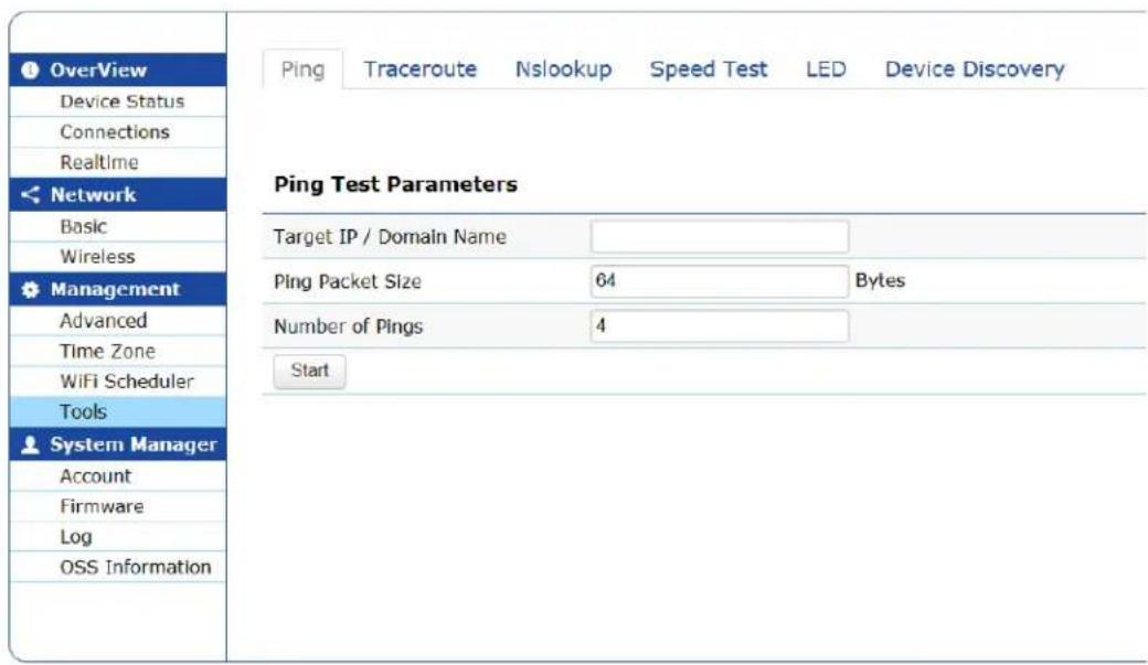 OverView Device Status Connections Realtime Network Basic Wireless Management Advanced Time Zone WiFi Scheduler Tools System Manager Account Firmware Log OSS Information Ping Test Parameters Target IP / Domain Name Ping Packet Size 64 Bytes Number of Pings 4 Start