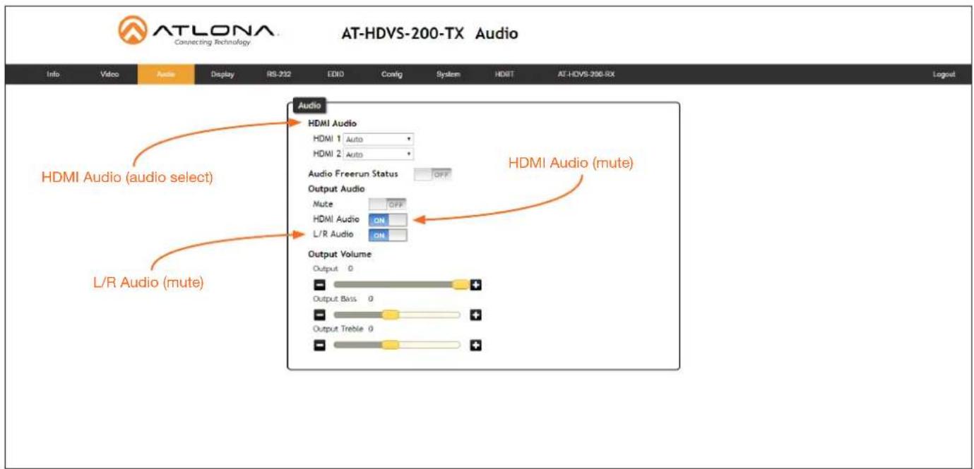 AT-LONA Connecting Technology AT-HDVS-200-TX Audio Info Video Audio Display RS-202 EDD Config System HDBT AT-HDVS-200-RX Logout Audio HDMI Audio HDMI 1 Auto HDMI 2 Auto Audio Freerun Status OFF Output Audio Mute OFF HDMI Audio ON L/R Audio ON Output Volume Output 0 Output Bass 0 Output Treble 0