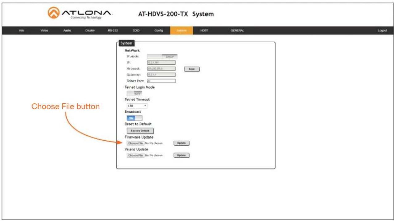 AT-LONA Connecting Technology AT-HDVS-200-TX System Info Video Audio Display RS-232 EDD Config system HOST GENERAL Logout System Network IP Mode: DHCP IP: 10.0.1.161 Netmask: 255,276,288.0 Save Gateway: 10.0.1.1 Telnet Port: 2.3 Telnet Login Mode OFF Telnet Timeout 120 * Broadcast OH Reset to Default Factory Default Firmware Update Choose File No file chosen Update Valens Update Choose File No file chosen Update Choose File No file chosen