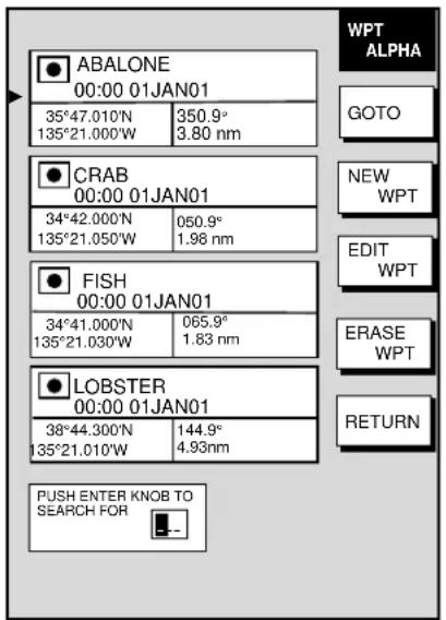 WPT ALPHA 35°47.010'N 350.9° 135°21.000'W 3.80 nm WPT GOTO NEW WPT CRAB 00:00 01JAN01 34°42.000'N 050.9° 135°21.050'W 1.98 nm EDIT WPT FISH 00:00 01JAN01 34°41.000'N 065.9° 135°21.030'W 1.83 nm ERASE WPT LOBSTER 00:00 01JAN01 38°44.300'N 144.9° 135°21.010'W 4.93nm RETURN PUSH ENTER KNOB TO SEARCH FOR