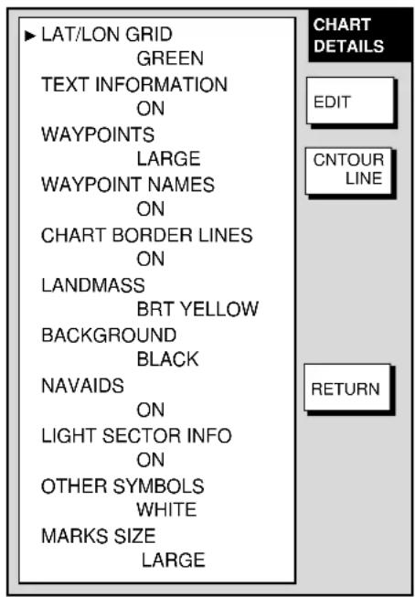 LAT/LON GRID GREEN TEXT INFORMATION ON WAYPOINTS LARGE WAYPOINT NAMES ON CHART BORDER LINES ON LANDMASS BRT YELLOW BACKGROUND BLACK NAVAIDS ON LIGHT SECTOR INFO ON OTHER SYMBOLS WHITE MARKS SIZE LARGE CHART DETAILS EDIT CNTOUR LINE RETURN