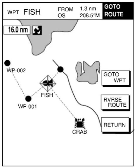 WPT FISH FROM 1.3 nm GOTO OS 208.5°M ROUTE 16.0 nm WP-002 FISH WP-001 CRAB GOTO WPT RVRSE ROUTE RETURN