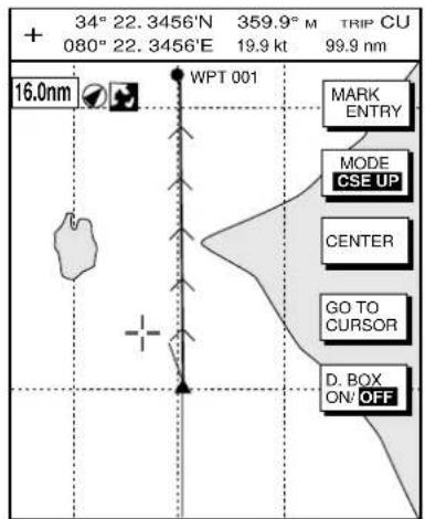 + 34° 22.3456'N 359.9° M TRIP CU 080° 22.3456'E 19.9 kt 99.9 nm 16.0nm WPT 001 MARK ENTRY MODE CSE UP CENTER GO TO CURSOR D. BOX ON/OFF