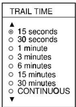 TRAIL TIME ▲ ○ 15 seconds ○ 30 seconds ○ 1 minute ○ 3 minutes ○ 6 minutes ○ 15 minutes ○ 30 minutes ○ CONTINUOUS ▼
