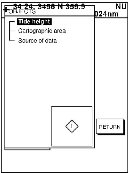 +34 24 3456 N 359.9 OBJECTS Tide height Cartographic area Source of data NU 024nm T RETURN