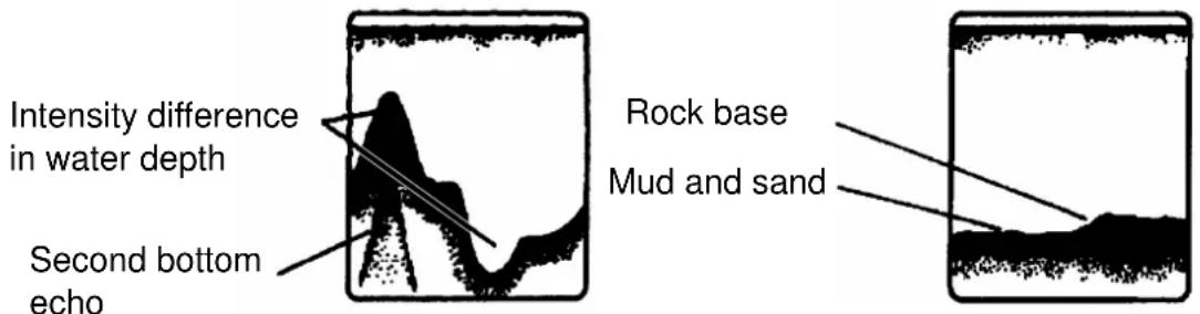 Intensity difference in water depth Second bottom echo Rock base Mud and sand