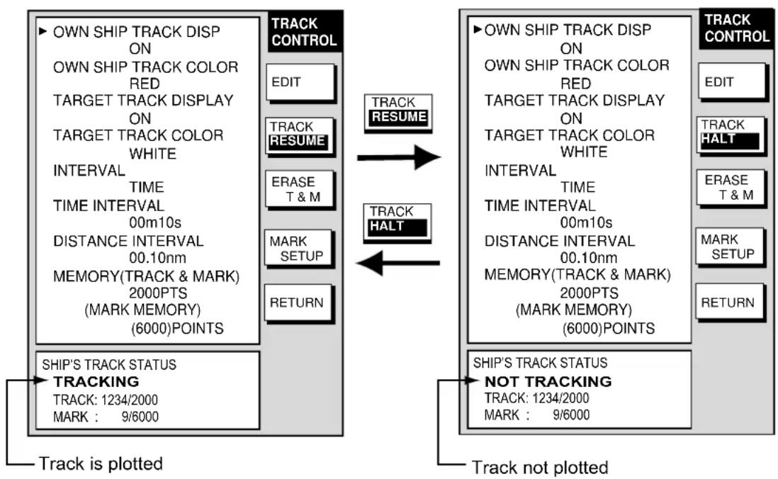 FURUNO 1752C - Stopping, restarting plotting of own ship track - 1