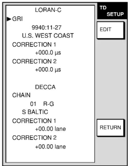 LORAN-C ▶GRI 9940:11-27 U.S. WEST COAST CORRECTION 1 +000.0 μs CORRECTION 2 +000.0 μs DECCA CHAIN 01 R-G S BALTIC CORRECTION 1 +00.00 lane CORRECTION 2 +00.00 lane TD SETUP EDIT RETURN