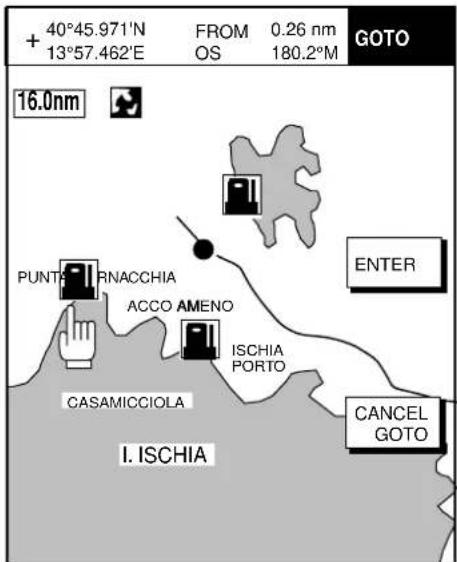 + 40°45.971'N 13°57.462'E FROM 0.26 nm OS 180.2°M GOTO 16.0nm PUNTA RNACCHIA ACCO AMENO ISCHIA PORTO CASCAMICCIOLA I. ISCHIA ENTER CANCEL GOTO