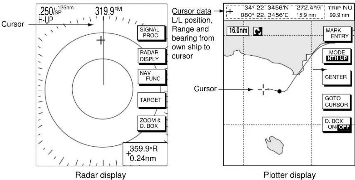 .250/125nm H-UP 319.9°M Cursor Signal PROC RADAR DISPLAY NAV FUNC TARGET ZOOM & D. BOX +359.9°R +0.24nm Radar display Cursor data L/L position, Range and bearing from own ship to cursor 34° 22. 3456'N ~ 272.4°M 080° 22. 3456'E 15.9 nm TRIP NU 99.9 nm 16.0nm Marker ENTRY MODE NTH UP CENTER GOTO CURSOR D. BOX ON/OFF Plotter display