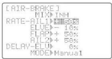 [AIR-BRAKE] MIX#INH RATE-AIL1# ELVE#- 10% FLAP#+ 50% AIL2#+ 50% DELAY-ELU# MODE#Manual