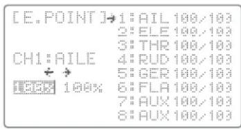 [E.POINT]→1:AIL 100/103 2:ELE 100/103 3:THR 100/103 CH1:AILE 4:RUD 100/103 5:GER 100/103 6:FLA 100/103 7:AUX 100/103 8:AUX 100/103