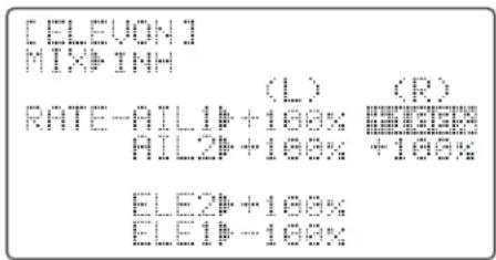 [ELEVON] MIXFINH (L) (R) RATE-AIL1>+100% AIL2>+100% +100% ELE2>+100% ELE1+100%