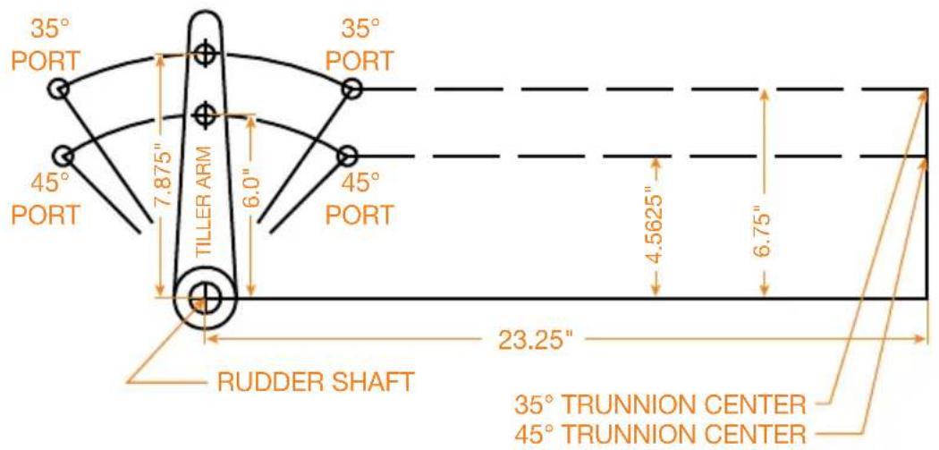 35° PORT 35° PORT 45° PORT 7.875" 6.0" 45° PORT TILLER ARM 4.5625" 6.75" 23.25" RUDDER SHAFT 35° TRUNNION CENTER 45° TRUNNION CENTER