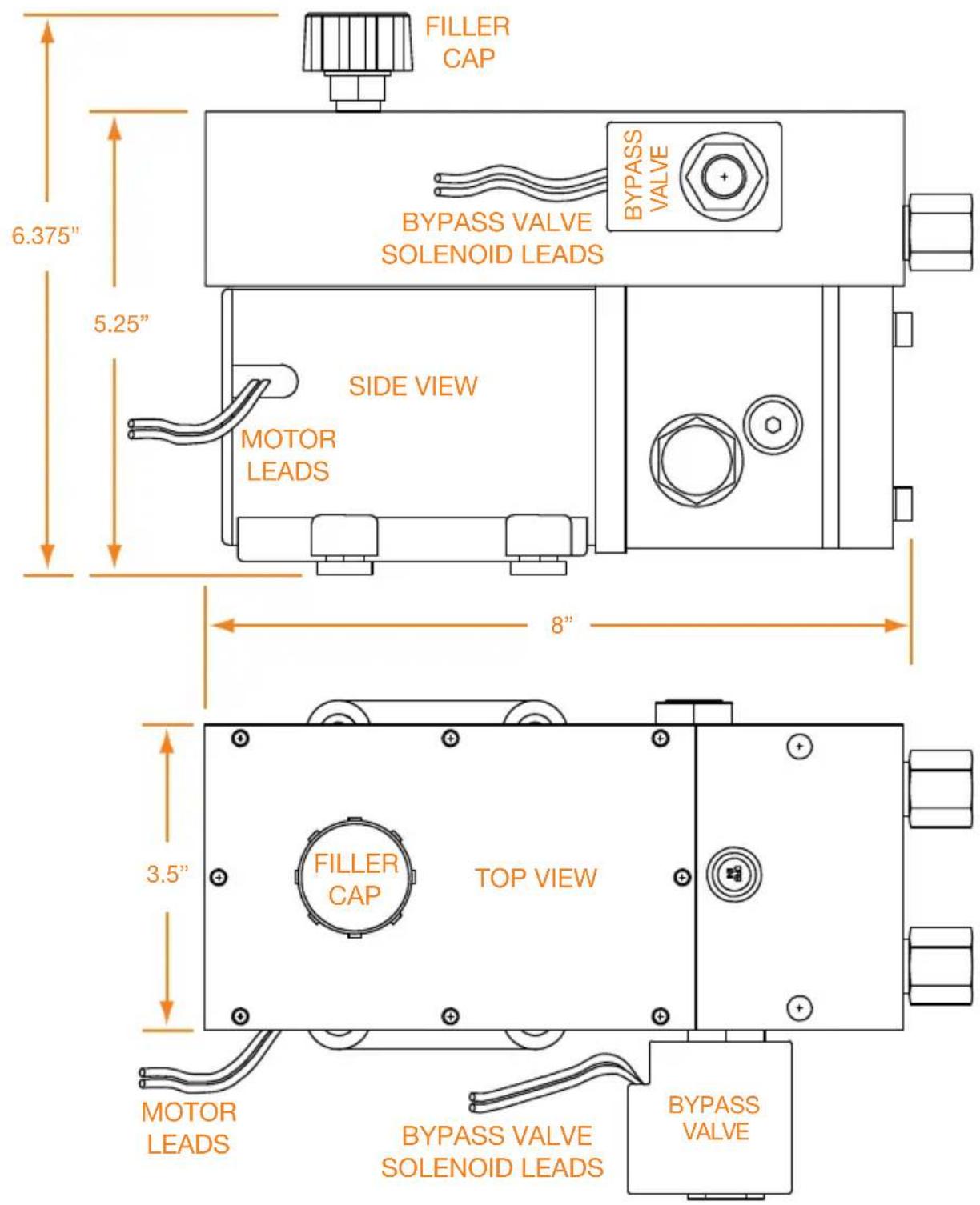 FILLER CAP BYPASS VALVE SOLENOID LEADS 6.375" 5.25" SIDE VIEW MOTOR LEADS 8" 3.5" FILLER CAP TOP VIEW MOTOR LEADS BYPASS VALVE SOLENOID LEADS BYPASS VALVE
