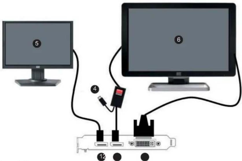 Diagram showing two computer monitors connected to a network interface with labeled components and connectors