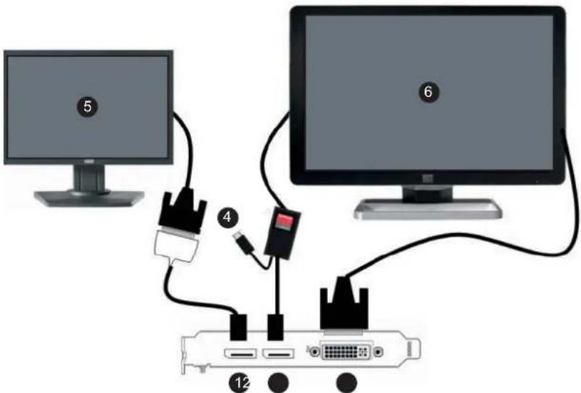 Diagram showing connections between two computer monitors and an Ethernet port, labeled with numbers 4, 5, and 6.
