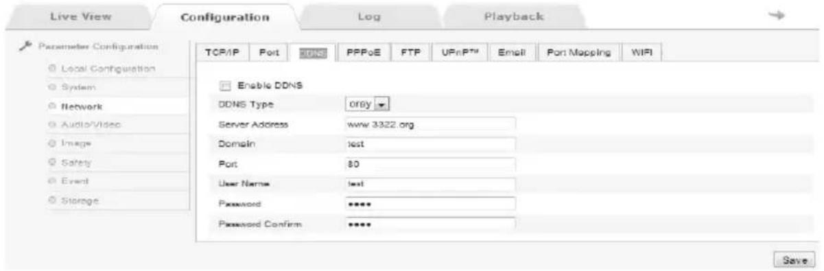 Live View Configuration Log Playback Parameter Configuration TCP/IP Port DDNS PPPoE FTP UPnP™ Email Port Mapping WIFI Enable DDNS DDNS Type orby Server Address www.3322.org Domainipe Port 80 User Nameipe Password **** Password Confirm **** Save
