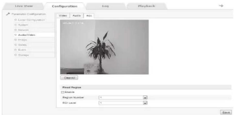 Live View Configuration Log Playback Parameter-Configuration Local Configuration System Networks Audio/Video Images Safety Events Storage Video Audio ROI View 10.0000 ClearAll Fixed Region Enable Region Number: 1 ROI Level: 1 Save