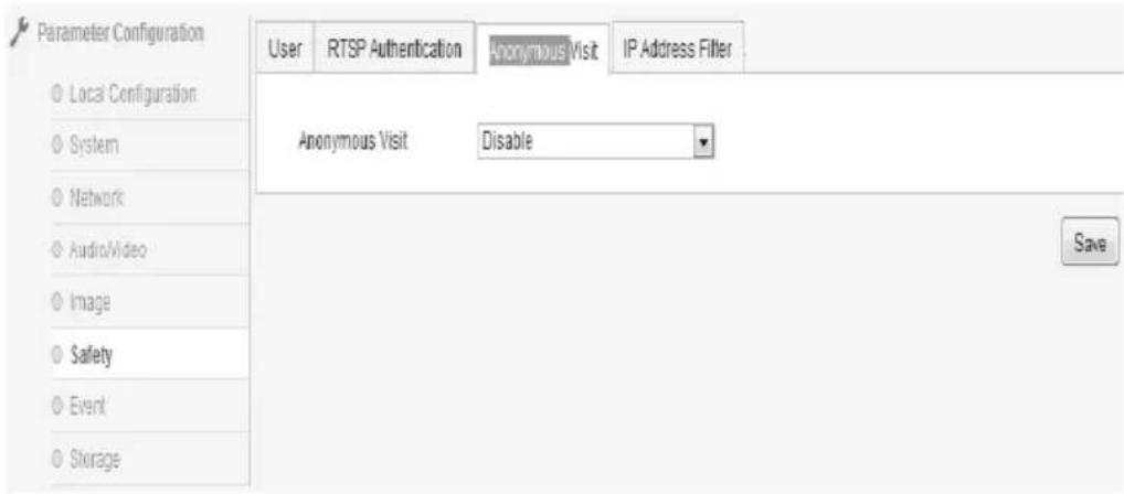 Parameter Configuration Local Configuration System Network Audio/Video Image Safety Event Storage User RTSP Authentication Anonymous Visit IP Address Filter Anonymous Visit Disable Save