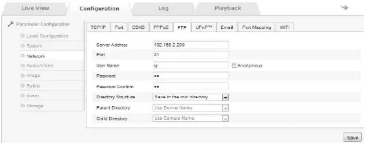 Live View Configuration Log Playback Parameter Configuration Local Configuration System Network Audio/Video Image Safety Event Storage TCP/IP Port ODNS PPPoE FTP UPnP™ Email Port Mapping WIFI Server Address 102.160.2.200 Port 21 User Name sy Anonymous Password ** Password Confirm ** Directory Structure Save in the root directory. Parent Directory Use Device Name Child Directory Use Camera Name Save