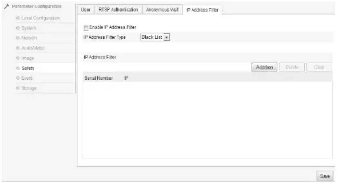 Parameter Configuration Local Configuration System Network Audio/video Image Safety Event Storage User RTSP Authentication Anonymous Visit IP Address Filter Enable IP Address Filter IP Address Filter Type Black List IP Address Filter Addition Delete Clear Serial Number IP Save