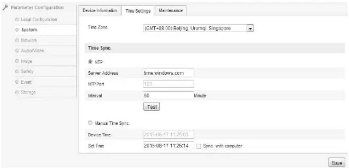 Parameter Configuration Device Information Time Settings Maintenance Local Configuration System Network AudioVideo Image Safety Event Storage Time Zone (GMT+08.00) Beijing, Urumqi, Singapore Time Sync. NTP Server Address time.windows.com NTP Port 123 Interval 60 Minute Test Manual Time Sync. Device Time 2015-08-17 11:25:03 Set Time 2015-08-17 11:26:14 Sync with computer Save