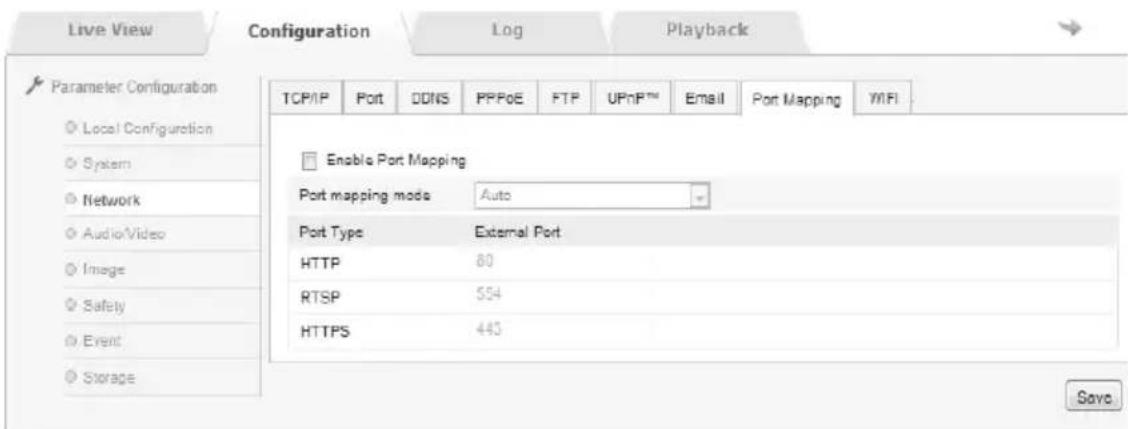 Live View Configuration Log Playback Parameter Configuration Local Configuration System Network Audio/Video Image Safety Event Storage TCP/IP Port DDNS PPPoE FTP UPnP™ Email Port Mapping WIFI Enable Port Mapping Port mapping mode Auto Port Type External Port HTTP 80 RTSP 554 HTTPS 443 Save